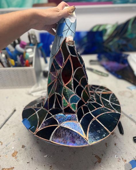 Sheila Szilagyi-Noseworthy | Stained glass witchy chandelier is done! Made a detachable crystal halo to transform it for either chandelier or table top lamp! Thank for... | Instagram Witchy Chandelier, Table Top Lamps, Tiffany Stained Glass, Stained Glass Decor, Stained Glass Crafts, Crafty Craft, Metal Work, Glass Crafts, Garden Inspiration