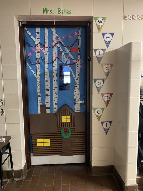 Classroom door decor Ski Lodge Classroom Door, Mountain Door Decorations Classroom, Winter Doors For Classrooms, Camping Classroom Door, Classroom Door Decor, Door Decorations Classroom Christmas, Camping Classroom, Snowy Cabin, Christmas Door Decorating Contest