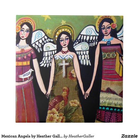 Mexican Angels by Heather Galler Tile Primitive Angels, Heather Galler, Virgin Of Guadalupe, Tile Ceramic, Art Tile, Art Deco Posters, Modern Poster, Arte Popular, Folk Art Painting