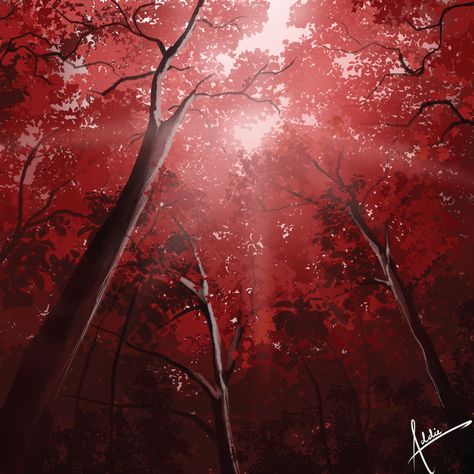 #Red #Maple #Forest #Leaves #Woods #Autumn #DigitalArt #ClipStudioPaint Red Forest Painting, Artists Aesthetic, Woods Autumn, Maple Forest, Aesthetic Artsy, Forest Leaves, Oc Aesthetic, Art 2023, Minecraft Inspiration