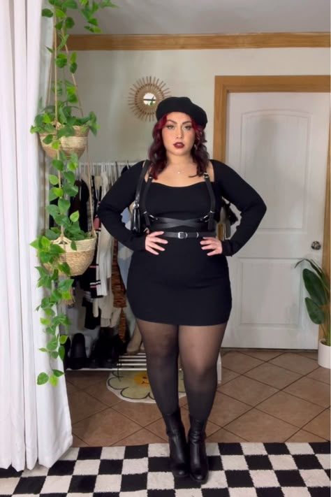 Plus Size Mini Skirt Outfit, Goth Outfits Plus Size, Body Harness Outfits, Harness Outfit, Plus Size Goth, Corduroy Overall, Plus Size Baddie Outfits, Corduroy Overall Dress, Dress With Stockings