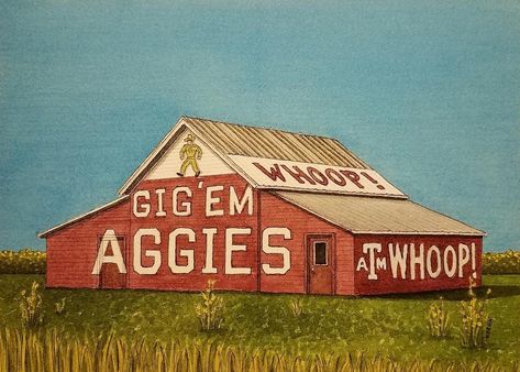 "This is a print of the original Watercolor Painting featuring the Aggie Barn in Reagan, Texas. It's hard to miss this spirited old barn as you're travelling along Highway 6 between College Station and Waco. You definitely know you're in Texas A&M Aggie Country! Print measures approx. 8\" x 10\" - on 110 lb. card stock paper with white border - and printed on 8 1/2\" x 11\" paper. Hand titled and signed in pencil. Fits nicely in to an 8\" x 10\" mat for framing in 11\" x 14\" frame - or directly A&m College Station, Dorm Artwork, Texas Watercolor, Formal Cooler Ideas, San Antonio Riverwalk, Texas Aggies, Barn Wood Crafts, Dorm Art, Barn Painting