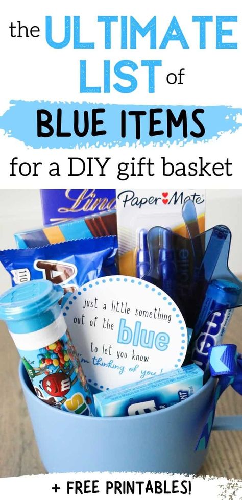 Blue Gift Basket Ideas, Blue Themed Gift Baskets, Blue Gift Basket, Teacher Appreciation Gift Baskets, Themed Gift Ideas, Theme Baskets, Staff Appreciation Gifts, Raffle Baskets, Blue Baskets