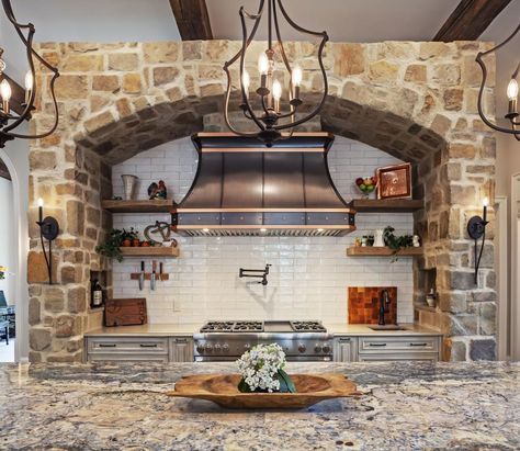 5 Rustic Kitchens that Will Wow You! White Brick Backsplash, Linden Homes, Rustic Kitchens, Copper Range, Copper Range Hood, Award Winning Kitchen, Custom Range Hood, Brick Backsplash, Small Farmhouse