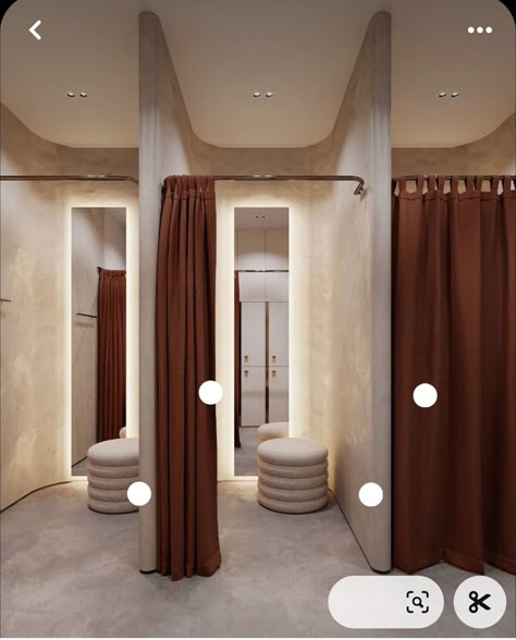 Hijab Boutique Interior, Fitting Rooms Retail Boutiques, Retail Changing Room, Luxury Fitting Room, Fashion Store Design Boutiques, Retail Fitting Room, Luxury Boutique Interior, Commercial Design Retail, Clothing Store Interior Design