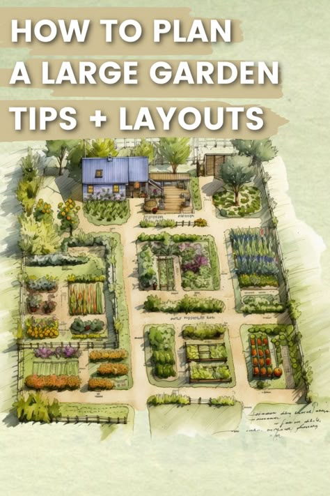 This post will help you decide what to plant, where to plant it, and when. We’ll talk about the basics like sunlight and water, and we’ll also share some layout ideas. Large Raised Garden Beds Layout, Fruit Garden Layout, Veggie Garden Layout, Planting Layout, Homestead Garden Layout, Vegetable Garden Layout Design, Homesteading Life, Homestead Layout, Garden Planning Layout