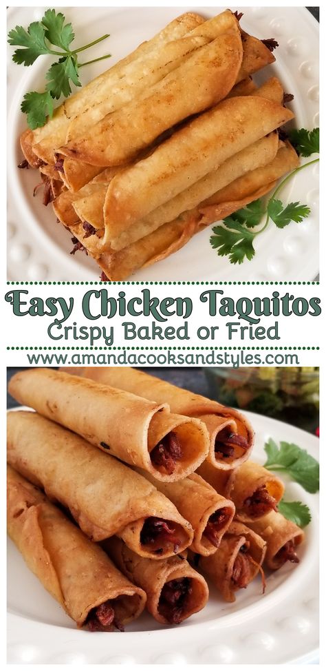 Easy and Delicious Chicken Taquitos – Crispy homemade chicken taquitos are the perfect main course or appetizer. Shredded chicken wrapped tightly in corn tortillas then baked (or fried) to golden perfection. Serve with guacamole, salsa or sour cream! Chicken Toquitos, Crispitos Recipe, Homemade Chicken Taquitos, Chicken Taquitos Baked, Homemade Taquitos, Chicken Flautas, Taquitos Recipe, Tacos Dorados, Guacamole Salsa