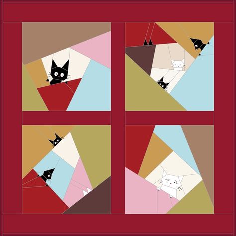 Mini Quilt Pattern Cat Quilt Pattern - Etsy New Zealand Jiji And Lily, Cat Quilt Block, Cat Quilts, Cat Quilt Patterns, Mini Quilt Patterns, Paper Quilt, Pattern Cat, Scrap Quilt, Animal Quilts