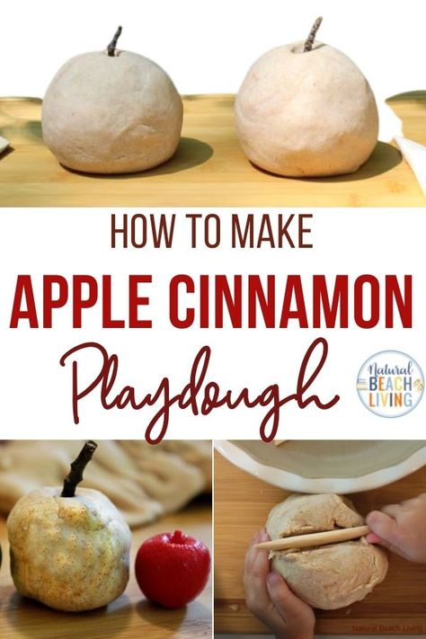 The Best Apple Pie Scented Play Dough - No Cook Playdough Recipe - Natural Beach Living Apple Scented Playdough Recipe, Apple Pie Playdough Recipe No Cook, Apple Cloud Dough, Applesauce Playdough Recipe, No Cook Apple Pie Playdough, Apple Pie Playdough Recipe, Applesauce Playdough, Cooking Dramatic Play, Apple Pie Playdough