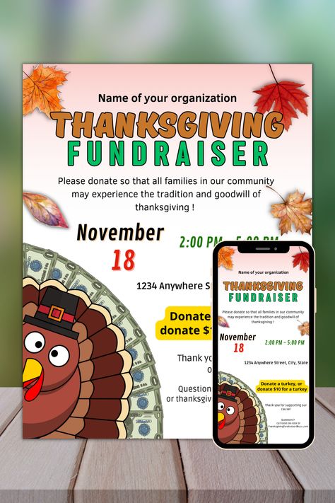 Editable thanksgiving fundraiser flyer, fundraiser event, fall food drive, fundraising ideas, church event, green brown orange and yellow Templates, Mobile Phone Text Party Email SMS School Pto, Fundraiser Flyer, Food Drive, Charity Event, Fundraising Events, Green And Brown, Fall Recipes, Thanksgiving