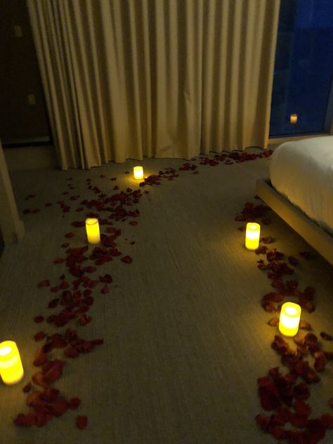 The romantic hotel room decoration with real rose petals, candles and flowers. We also serve cool champagne and strawberries covered with chocolate. Package "Room makeover for $300" Wedding Night Bedroom, Honeymoon Rooms, Hotel Room Decoration, Romantic Hotel Rooms, Wedding Night Room Decorations, Romantic Room Surprise, Romantic Room Decoration, Bedroom Candles, Birthday Room Decorations