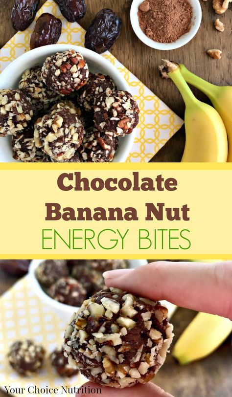 Chocolate Banana Nut Energy Bites - Your Choice Nutrition Banana Energy, School Post, Energy Bites Recipes, Energy Ball Recipe, Banana Bites, Protein Bites, Protein Balls, Banana Nut, Energy Balls