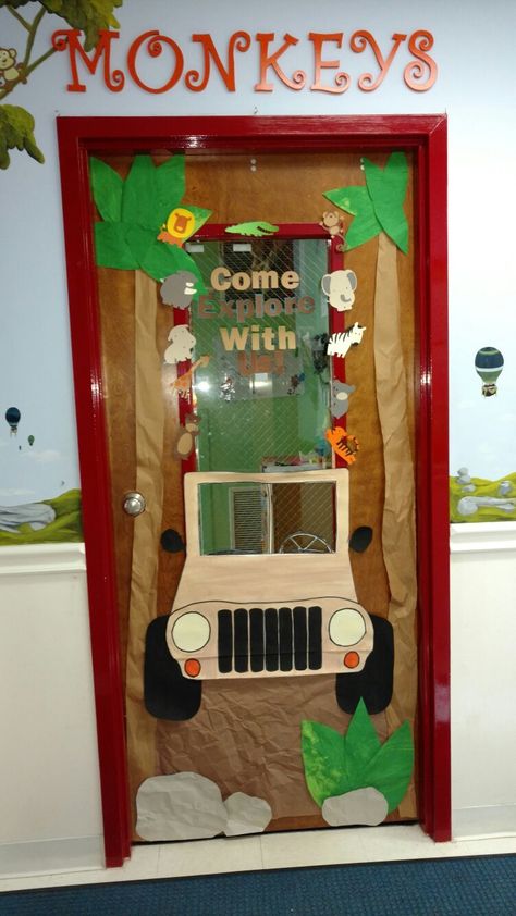 Headstart Craft Ideas, Animal Theme Classroom Door, Jeep Classroom Door, Welcome To The Jungle Door Decoration, Jungle Classroom Door Safari Theme, Nature Door Decorations Classroom, Zoo Door Decorations Classroom, Safari Door Decorations Classroom Themes, Jungle Theme Door Decorations Classroom