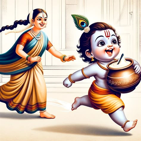 Baby Krishna running with a pot of curd and his mother Devaki chasing after him. Yasodha Krishna Images, Yashoda And Krishna Baby, Baby Krishna Painting, Baby Krishna Drawing, Bal Krishna Drawing, Cute Krishna Painting, Krishna Janamastmi, Jay Shri Krishna, Little Kanha Ji Images