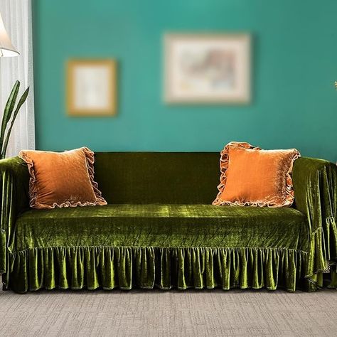 Amazon.com: GLORY SEASON Velvet Sofa Cover Soft Decorative Luxurious Solid Exquisite Ruffle Trim,Retro Farmhouse Vintage Sofa Slipcover Couch Cover for 2-3 Cushion Sofa for Living Room 1PC : Home & Kitchen Eclectic Maximalism Apartment, Old Couch Makeover Diy, Colorful Sofa Living Room, Couch Cover Ideas, Olive Green Sofa, Green Velvet Sofa Living Room, Green Velvet Couch, Velvet Sofa Cover, Post Modern Furniture