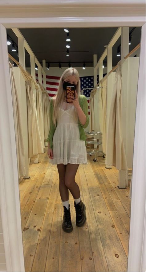 Doc Martens Outfit With Dress, Doc Martin With Dress, Cute Socks With Doc Martens, Doc Martens Outfit Summer Dress, Dresses And Docs, Outfits With Ruffle Socks, Styling Doc Martens Summer, Docs And Socks, Dc Martens Outfit Summer