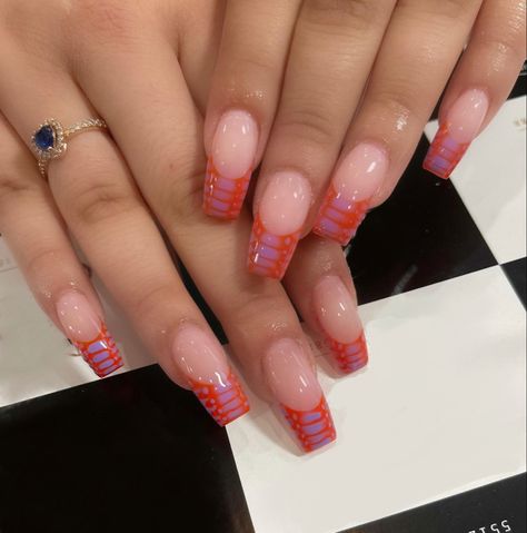 Orange and purple croc/snake print design using blooming gel colors. Purple Snake Print Nails, Snake Print French Tip Nails, Snake French Tip Nails, Orange Croc Nails, Purple Croc Nails, Purple And Orange Nail Designs, Blooming Gel French Tip, Croc French Tip Nails, Purple Orange Nails