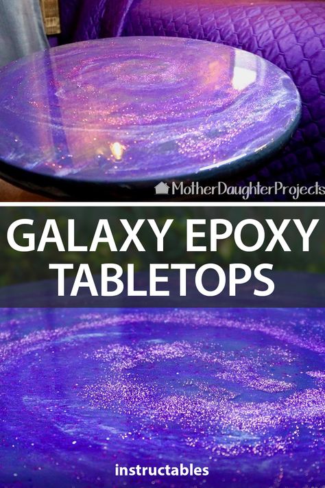 DIY for Homeowners finished off this tabletop with a galaxy epoxy finish. #Instructables #workshop #furniture #resin #nightstand Epoxy Glaze Table, Epoxy Galaxy Table, Epoxy Tables Diy, Epoxy Resin Furniture Diy, Resin Tabletop Ideas, Resin End Table Diy, Diy Epoxy Table Top Ideas, Resin Desk Top Diy, Diy Resin Table Top Ideas