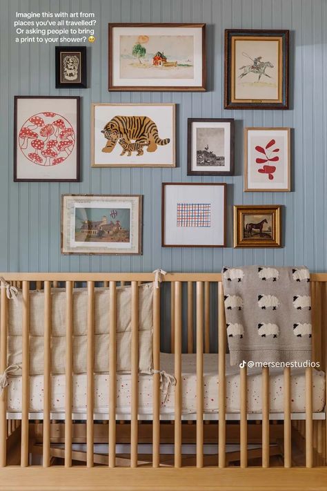 Collage Wall Nursery, North Facing Nursery, Colourful Gender Neutral Nursery, Boys Nursery Ideas, Colorful Baby Nursery, Nursery Gallery Wall, Wilton House, Small Kids Bedroom, Eclectic Nursery