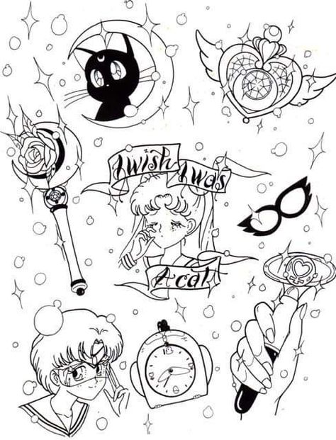 Kawaii Flash Sheet, Sailor Moon Flash Tattoo, Sailor Moon Luna Tattoo, Usagi Tattoo, Sailor Moon Cat Tattoo, Sailor Moon Tattoo Minimalist, Sailor Moon Tattoo Ideas, Est Tattoos, Tatuaje Studio Ghibli