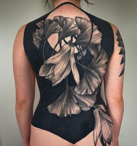 Healed backpiece on my cute friend, @hannah_chillin. 🖤 #blackworktattoo #blackouttattoo #utahtattooartist #lasvegastattooartist… | Instagram Large Floral Back Tattoo, Blackout Back Tattoo, Black Out Tattoo With White Ink, Black Out Tattoo Designs, Black And Grey Back Tattoo, Back Tattoos Design, Womens Back Tattoos Large, Blackwork Back Tattoo, Large Back Tattoos