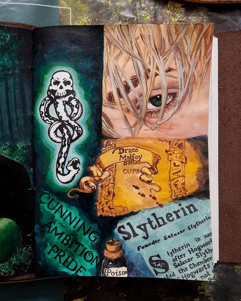 Slytherin Aesthetic Painting, Slytherin Journal Ideas, Draco Malfoy Journal, Slytherin Painting Ideas, Harry Potter Aesthetic Painting, Draco Malfoy Painting, Harry Potter Painting Ideas On Canvas, Slytherin Painting, Harry Potter Sketchbook