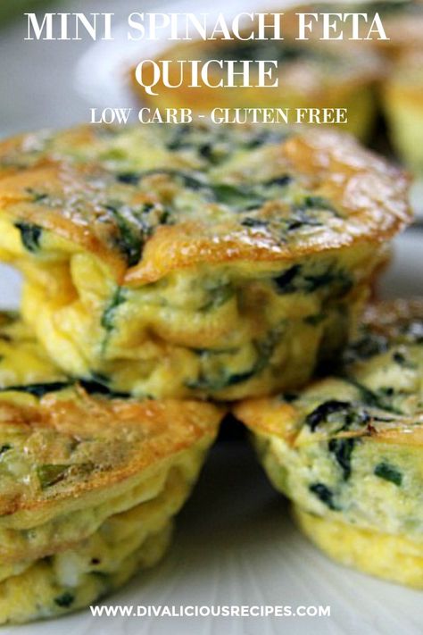 Mini Spinach Feta Quiche - Divalicious Recipes Breakfast Quiche Muffins, Spinach Feta Quiche, Quiche Crust, Quiche Recipes Crustless, Egg Quiche, Feta Quiche, Mini Quiche Recipes, Quiche Muffins, Lunch Picnic