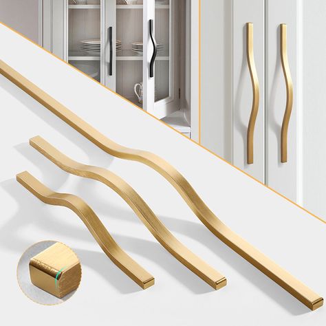 This design comes in three different sizes, so you can add it to your drawers and cabinets. This handle is made of high quality aluminum alloy material and comes in two colours - a classy black and elegant gold.   Long-Lasting Performance - These door pulls are made with advanced techniques to ensure long-lasting performance and a fine touch.   Versatile Design - The wave design fits most cabinet styles, making it perfect for kitchens, bathrooms, living rooms, drawers, dressers, wardrobes, and cupboards.   Includes free 25mm M4 mounting screws for 19-20 mm Cabinet / Drawer front thickness   Perfect elegant addition to any cabinet, furniture door, cupboard, desk drawer, wardrobe drawers, shoe cabinet, chest, bookcase.    Specification : Material : Aluminum alloy Color:Black, Gold 160 mm Fix Draw Pulls Cabinet Hardware, Long Cabinet Pulls, Cabinet Hardware Trends, Cupboard Desk, Cabinet Handles Kitchen, Gold Kitchen Hardware, Kitchen Drawer Handles, Gold Cabinet Hardware, Unique Drawer Pulls