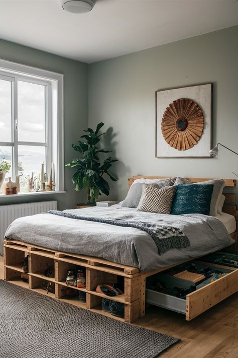 15 Easy Pallet Bed Frame Ideas to Create a Cozy and Stylish Bedroom Boho Bed Frame, Bed Frame Ideas, Diy Bed Frame Easy, Wood Pallet Bed Frame, Pallet Bed Frame Diy, Wood Pallet Beds, Pallet Bed Frames, Pallet Bed Frame, Low Bed Frame