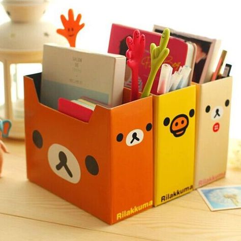 Adorable Japanese cartoon storage boxes for tucking away books, term papers, and whatever else won't fit in your desk drawer. Diy Pen Organizer, Diy Books Organizer, Diy Book Holder, Books Organizer, Cardboard Organizer, Cardboard Storage, Desk Organization Diy, Small Storage Boxes, Cardboard Box Crafts