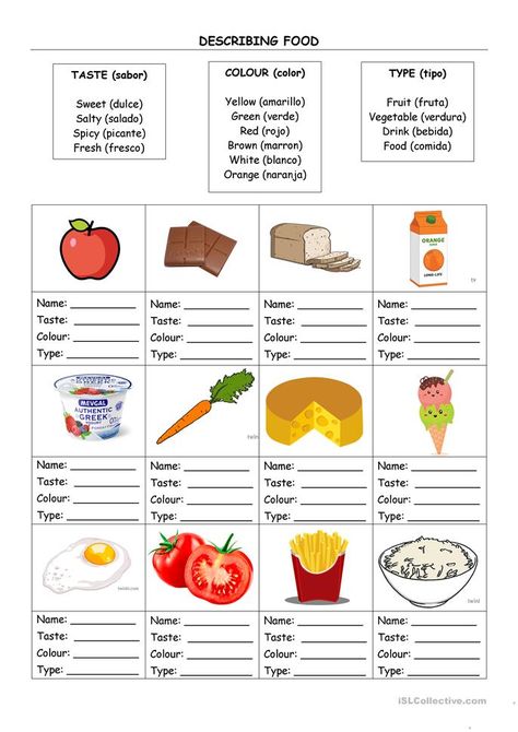 Describing Food - English ESL Worksheets for distance learning and physical classrooms Describing Food Vocabulary, Food Partitives Worksheet, Describing Food Worksheet, Food Around The World Worksheet, Food Worksheets For Kids, Healthy And Unhealthy Food, Adjective Worksheet, Grammar For Kids, Food Vocabulary