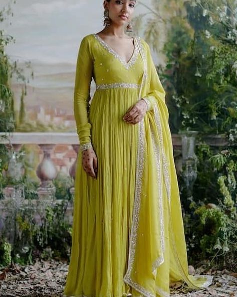 Yellow Anarkali, Long Gown Design, Anarkali Dress Pattern, Lime Yellow, Long Dress Design, Indian Dresses Traditional, Traditional Indian Outfits, Indian Gowns, Designer Party Wear Dresses