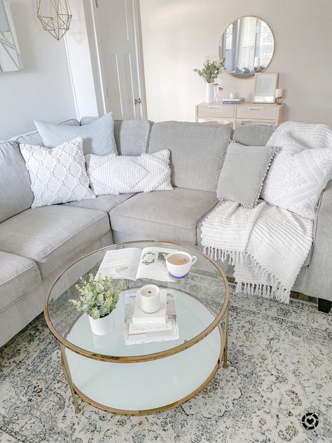 Gold Glass Table, Grey White Living Room, Grey Sectional Couch, Grey Couch, Living Room Decor Neutral, Grey Couch Living Room, Living Room Decor Gray, Gold Living Room, Grey Sectional