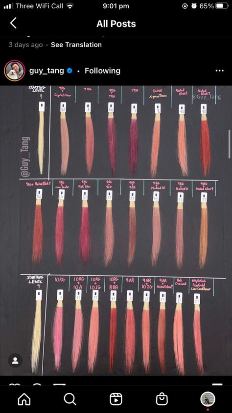 Guy Tang Hair Color Formulas, Rose Gold Formula, Coral Hair Color, Guy Tang Hair, Hair Color Swatches, Peach Hair Colors, Hair Formula, Pink Purple Hair, Coral Hair