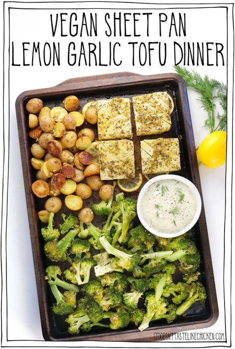 Vegan Sheet Pan Lemon Garlic Tofu Dinner Vegan Broccoli Meals, Tofu Recipes Low Sodium, Potato Tofu Recipe, Make Ahead Tofu Recipes, Easy Delicious Tofu Recipes, Sheet Pan Dinner Vegetarian, Tofu And Potatoes, Meal Prep Tofu Recipes, Lemon Garlic Tofu