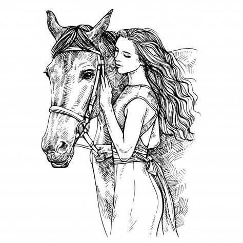 Sketch woman and horse. young woman care... | Premium Vector #Freepik #vector #girl Horse And Girl Drawing, Horse And Rider Drawing, Sea Horses Illustration, Sketch Horse, Woman And Horse, Illustration Horse, Sketch Woman, Animals Horse, Vector Girl