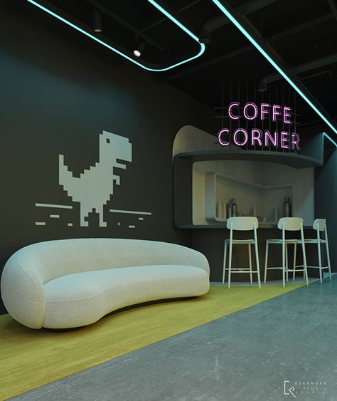 GT OFFICE :: Behance Game Office Design, Office Coffee Corner, Office Rest Area, Tech Interior Design, Corner Workspace, Manager Room, Office Games Room, Office Wall Colors, Office Layout Ideas