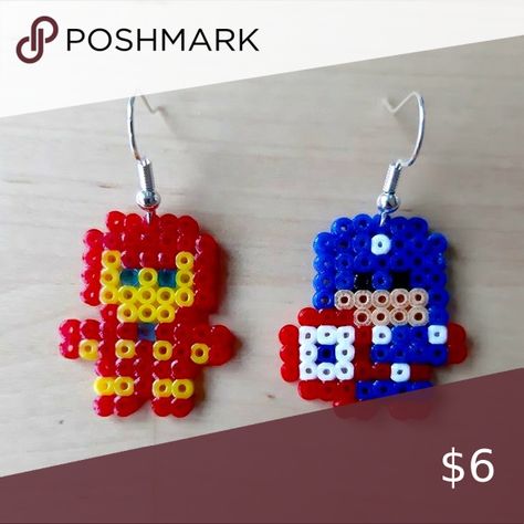 Marvel Earrings Marvel Earrings, Mini Hama Beads, Man Earrings, Hama Mini, Hamma Beads Ideas, Easy Perler Bead Patterns, Melty Bead Patterns, Pixel Beads, Easy Perler Beads Ideas