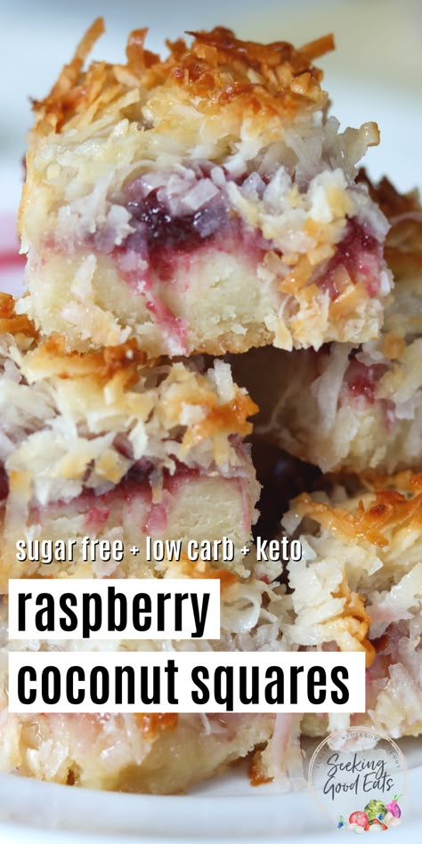 Raspberry Coconut Bars, Coconut Squares, Keto Quiche, Low Sugar Desserts, Sugar Free Baking, Desserts Keto, Sugar Free Recipes Desserts, Postre Keto, Raspberry Coconut