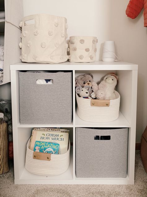 Cube Storage In Nursery, Nursery Shelf Organization, Nursery Storage Bins, Cube Organizer In Nursery, Dollar Tree Nursery Organization, Cube Storage Nursery Closet, Cube Shelf Nursery, Cube Shelf Nursery Organization, Nursery Cube Storage