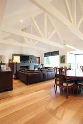 Home Office Loft, Exposed Trusses, Exposed Beams Ceiling, Beams Living Room, Office Loft, Roof Truss Design, Vaulted Ceiling Living Room, Exposed Rafters, Exposed Beams