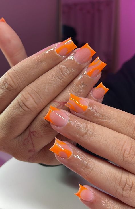 Milky Orange Nails, Short Orange French Tip Nails, Orange French Tips Nails, Orange Tip Acrylic Nails, Orange Nails French Tip, Neon Orange Nail Ideas, Orange French Nails, Orange French Tips, Orange French Tip Nails