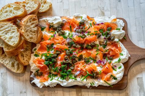 Smoked Salmon Cream Cheese Board Lox Board Smoked Salmon, Cream Cheese And Lox Board, Smoked Salmon Cheese Board, Cream Cheese Smoked Salmon Board, Cream Cheese Board With Salmon, Salmon Board Smoked, Cream Cheese Salmon Board, Smoked Salmon Butter Board, Smoked Salmon Bagel Board