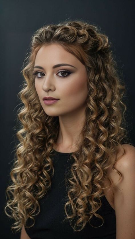 Hairstyle With Curls Wedding, Curled Hairstyles Half Up, Elegant Curled Hair, Prom Hairdos For Long Hair, Curly Hairstyles Elegant Wedding, Long Curly Half Up Half Down, Natural Curls Wedding Hair Half Up, Curly Hair Pinned Back, Short Curly Bridal Hair