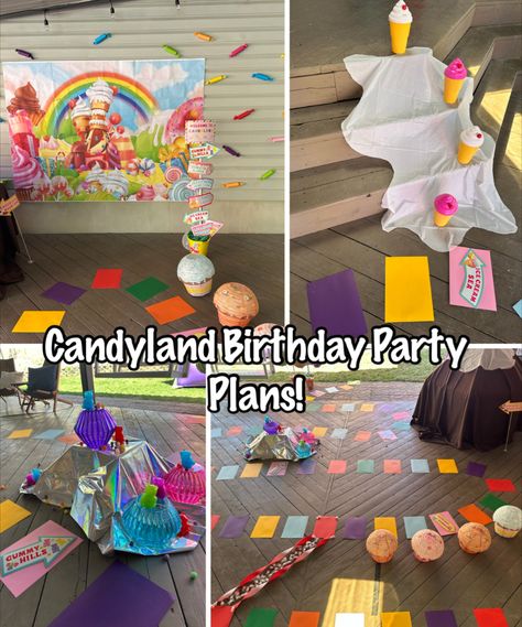 Candyland Birthday party plans Winter Candy Land Birthday Party Ideas, Candyland Birthday Activities, Candyland Life Size Game, Life Sized Candy Land Game, Candyland Theme Birthday Party, Candyland Theme Party Decorations Diy, Candy Land Characters Printables, Candyland Birthday Party Games, Candy Land Games