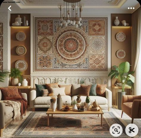 Indian Eclectic Decor, Indian Traditional Living Room Design, Traditional Theme Interior, Indian Inspired Living Room, Interior Design Nature Inspired, Global Heritage Interior Design, Traditional Livingroomideas, Indian Traditional Living Room, Indian Traditional Interior