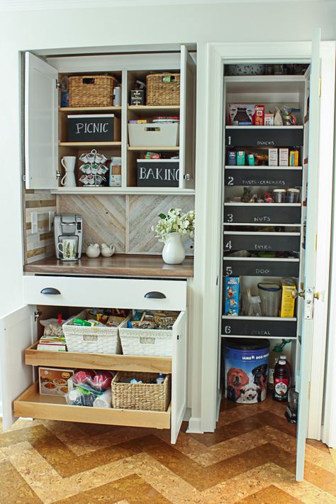 Pantry Reveal with Coffee Bar and Hidden Wine Storage - Pretty Handy Girl Pantry Breakfast Bar, Turn Pantry Into Coffee Bar, Small Pantry With Coffee Station, Closet Beverage Station, Enclosed Coffee Bar, Closet Converted To Coffee Bar, Pantry Coffee Bar Built Ins, Dry Bar With Pantry Cabinet, Coffee Bar Storage Cabinets