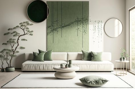 Premium Photo | Japandi living room with plasterdecorated walls in white and green tones Minimalist macrame wall art and a cloth sofa Illustration of wabi sabi interior design Wabi Sabi Living Room Interior Design, Sofa Illustration, Japandi Style Interior Design, Wabi Sabi Living Room, Minimalist Macrame, Wabi Sabi Interior Design, Sage Green Living Room, Green Sofa Living Room, Olive Sofa