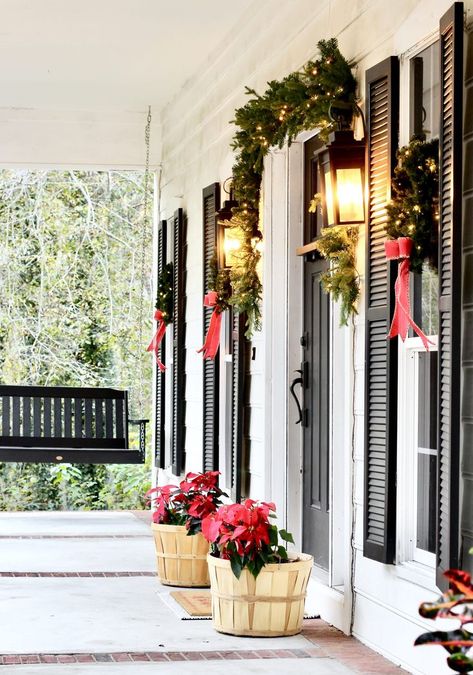 Christmas Home Tour 2019 | Modern Farmhouse Christmas Front Porch with black front door, lit garland, red poinsettias, and window wreaths | www.ourhammockhouse.com | #christmasfrontporch Farmhouse Christmas Front Porch, Window Wreaths, Fancy Tree, Modern Farmhouse Christmas, Diy Garlands, Christmas Tree Lots, Window Wreath, Door Diy, Neutral Christmas Decor