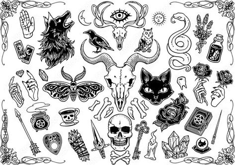 Tattoo Elements, Black And White Icons, Esoteric Symbols, Realistic Temporary Tattoos, Goth Tattoo, White Icons, Tattoo Flash Sheet, Spooky Tattoos, Tattoo Art Drawings